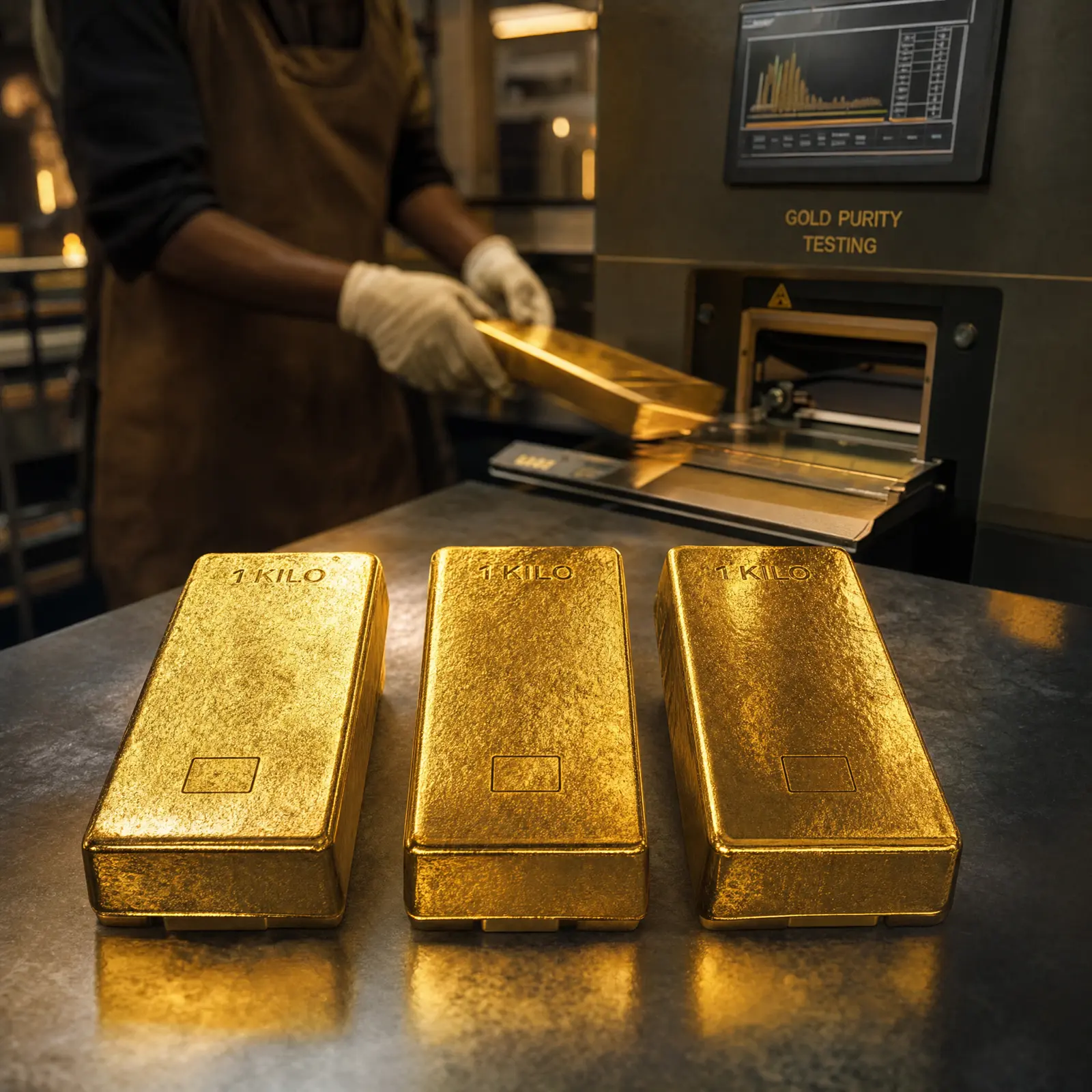 Technician at a gold purity testing station with three one-kilo fine gold bars