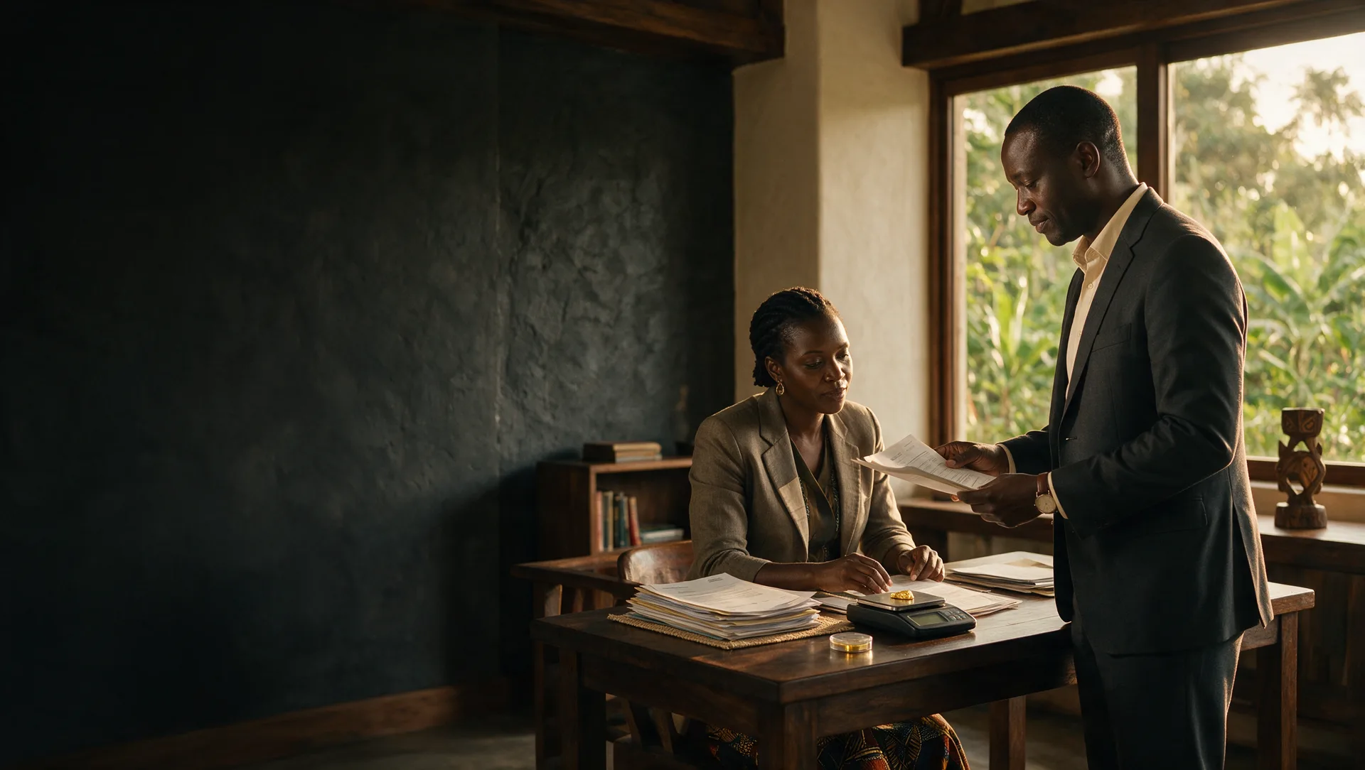 An Ubuntu Gold adviser reviews documentation at a desk with a precision scale while a client reads an assay report