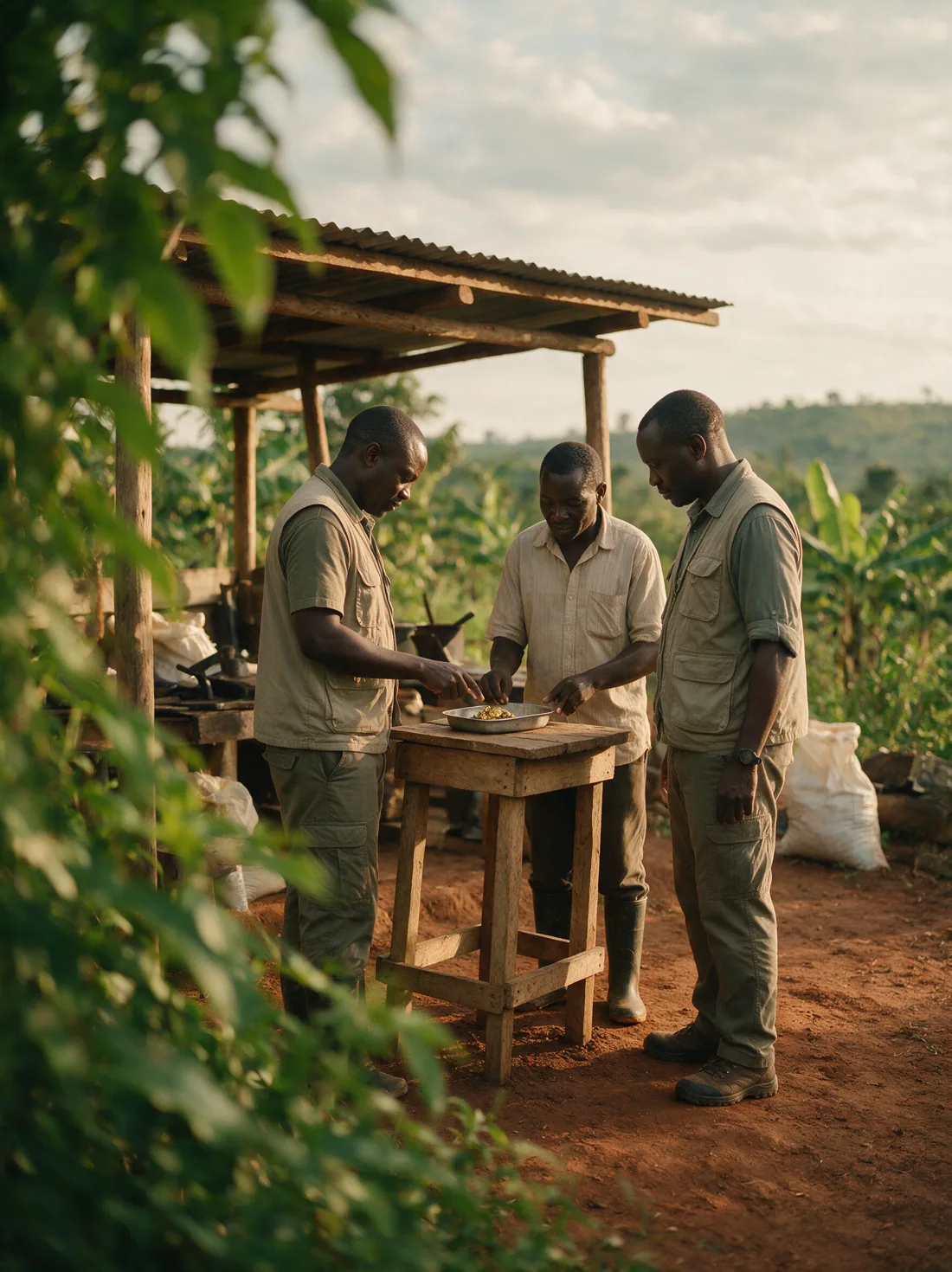 Ubuntu Gold field officers inspecting raw gold at a rural sourcing site