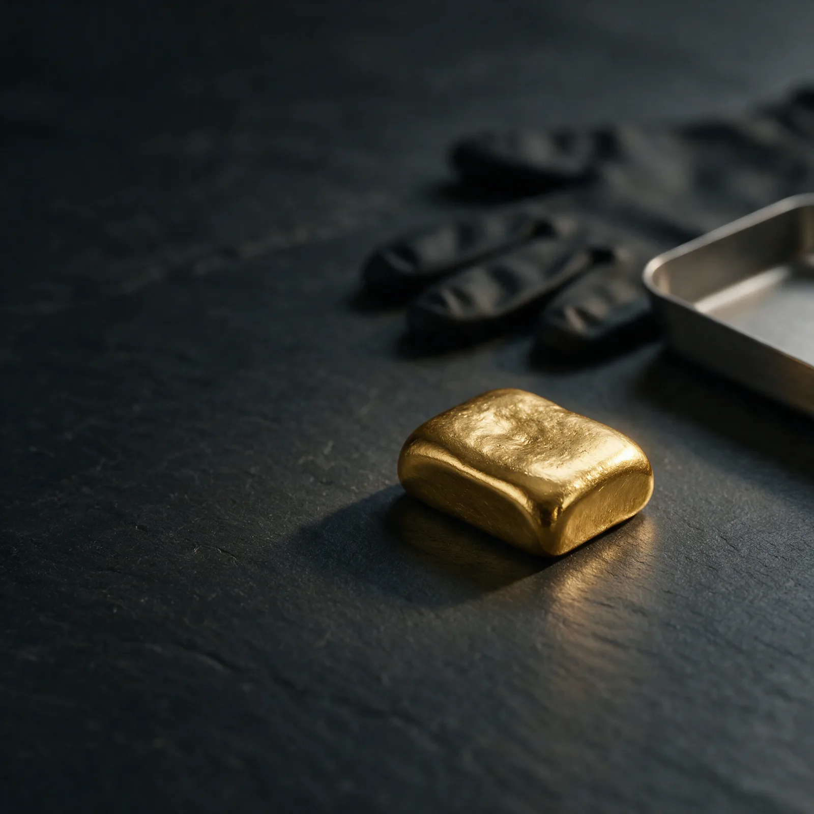 A single gold bar resting on dark slate beside black gloves and a steel tray