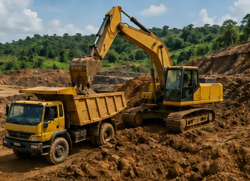 Excavator loading ore onto a truck at an open gold mining site in the green hills of Uganda