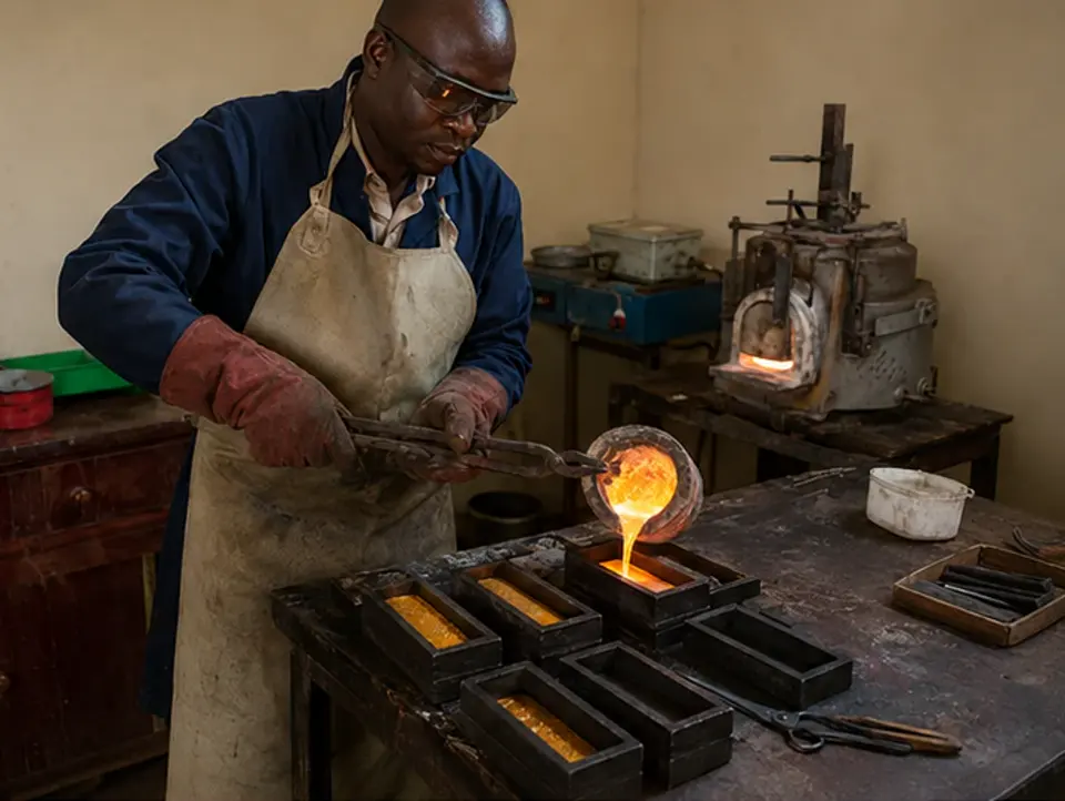 Refiner pouring molten gold from a crucible into bar moulds