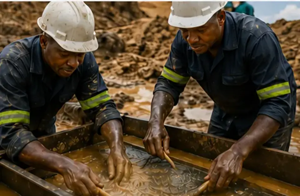 Two miners washing and panning gold-bearing gravel by hand