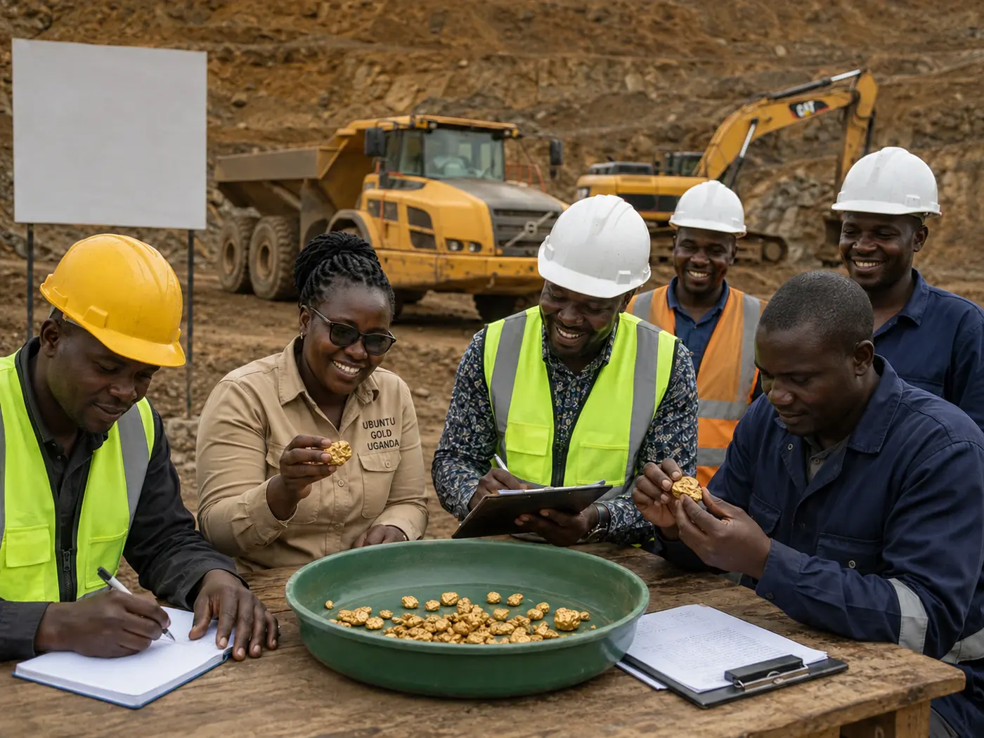 The UBUNTUGOLD field team smiling around a pan of gold nuggets at a mining site