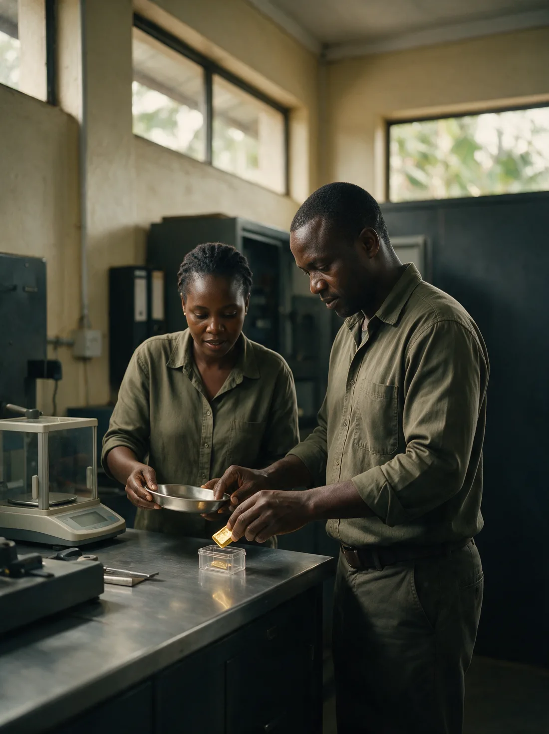 Two technicians verifying a gold bar at the laboratory bench