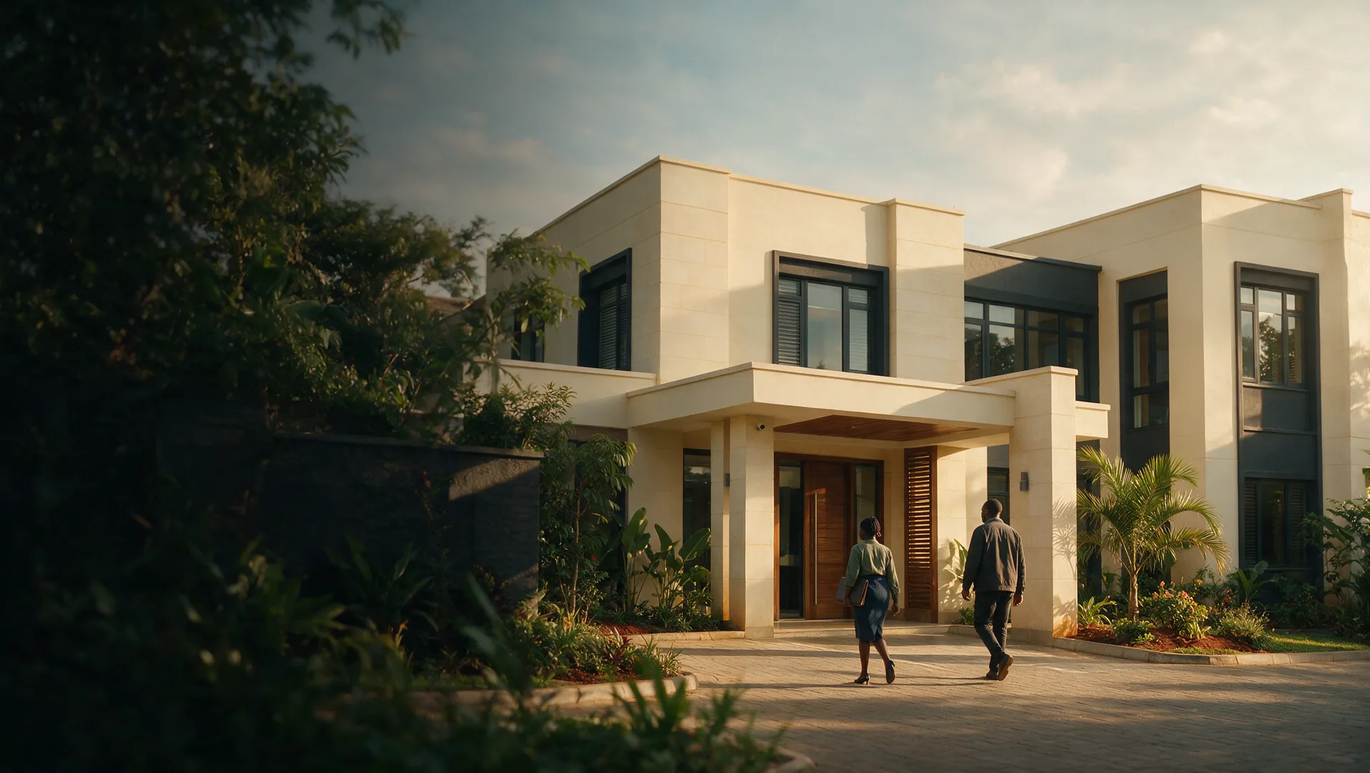 The Ubuntu Gold Uganda office — a modern stone building approached by two colleagues at golden hour