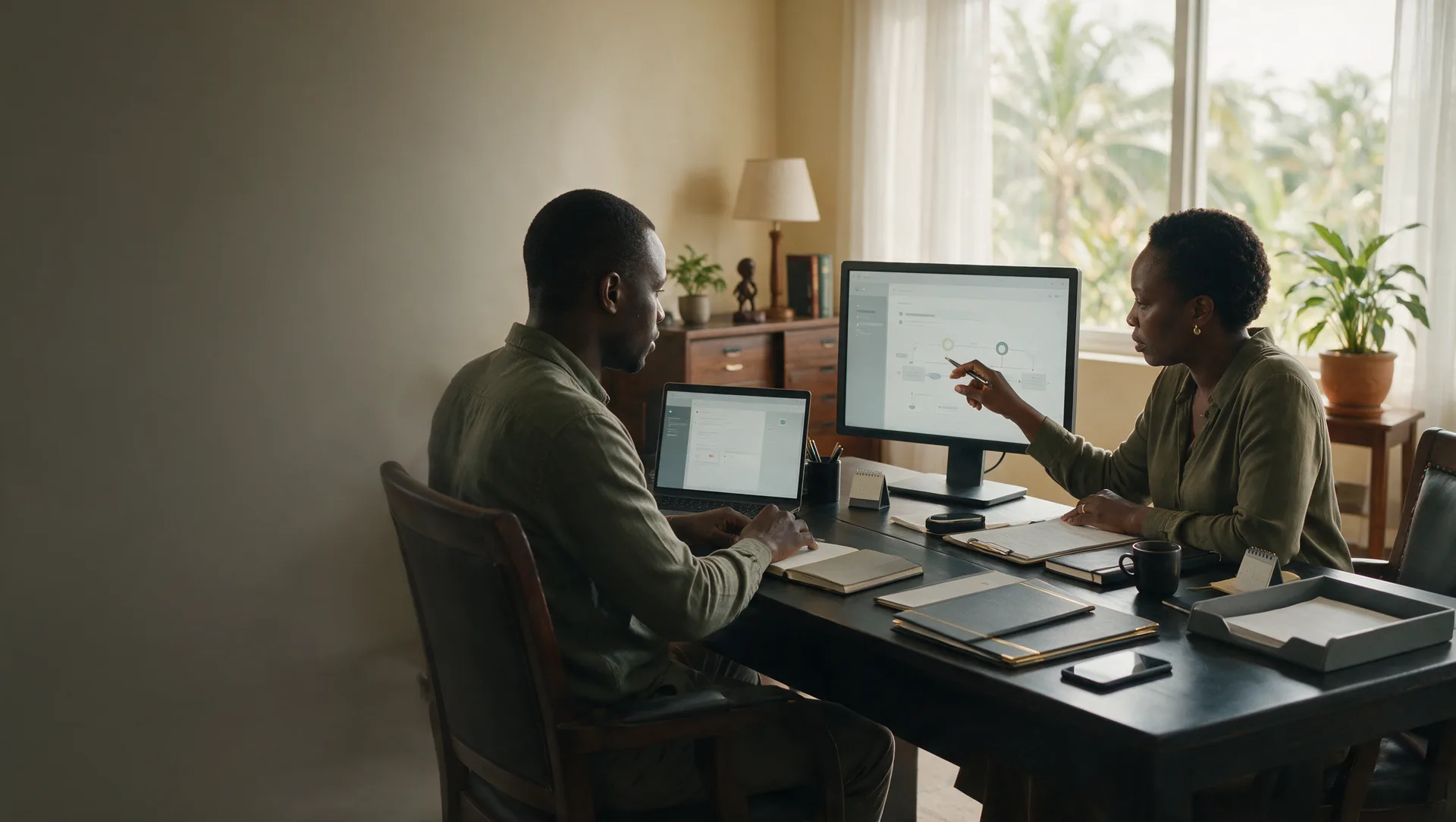 Two Ubuntu Gold colleagues walking a buyer through the transaction process on screen