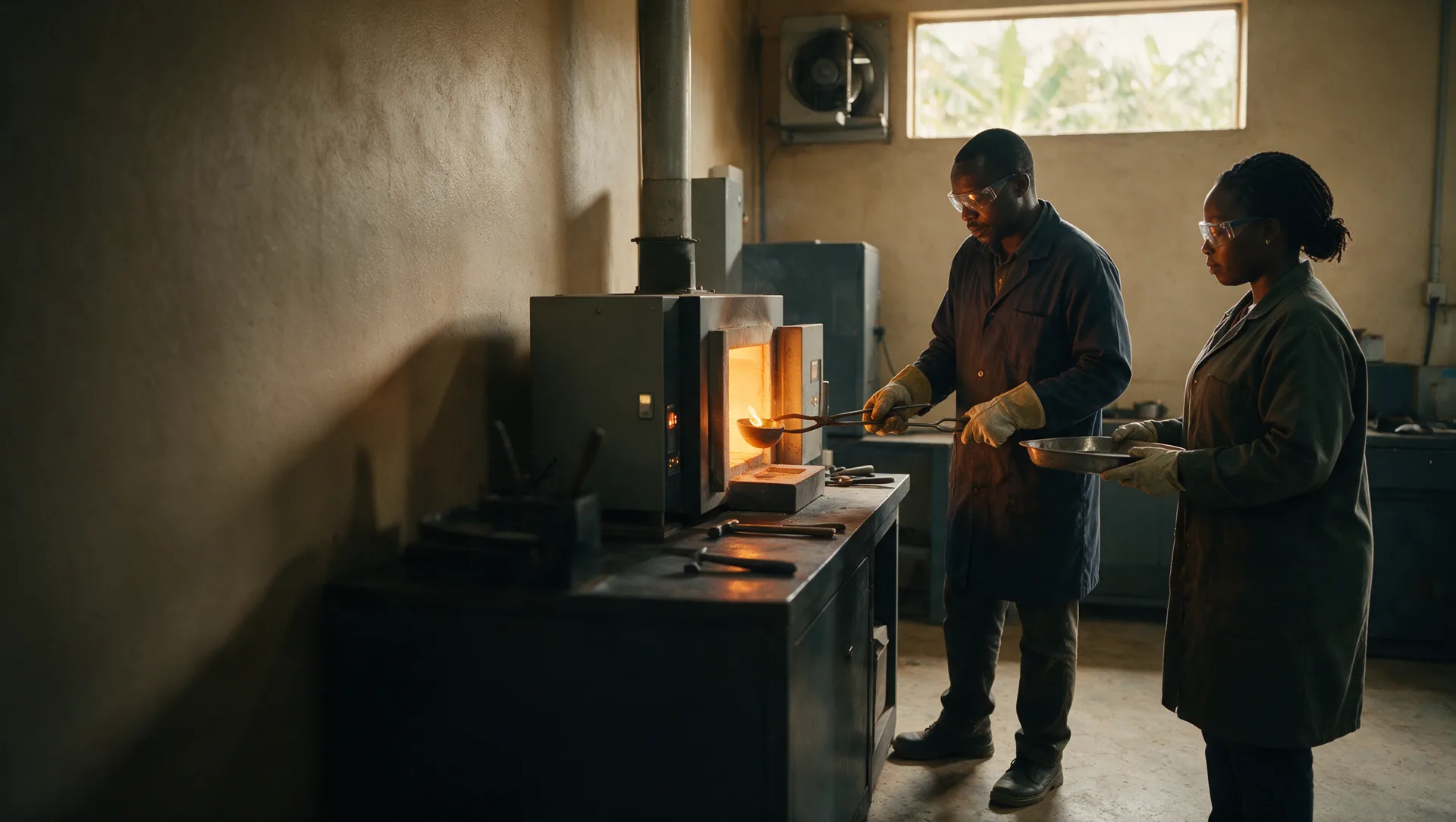 Technicians pouring molten gold at a refining furnace
