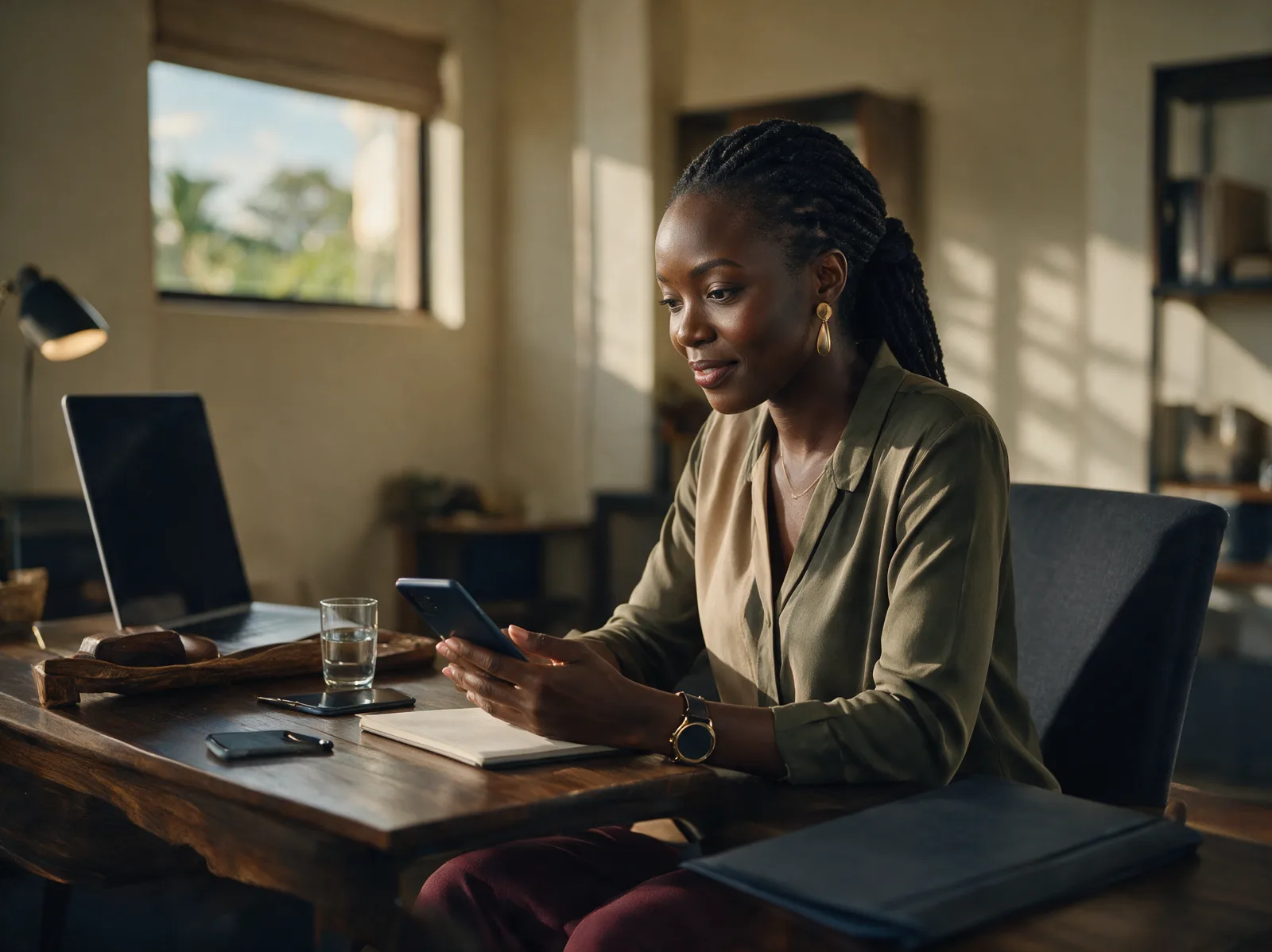 An Ubuntu Gold adviser at her desk answering a client message on her phone in warm morning light